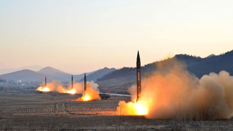 Dieses von KCNA verbreitete Foto zeigt wahrscheinlich den Abschuss der vier Raketen.