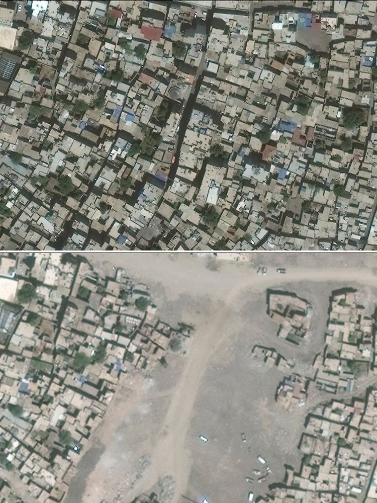 Ein Satellitenfoto der UN zeigt die Stadt Sur in der Provinz Diyarbakir im Juni 2015 (oben) und im Juli ein Jahr später.