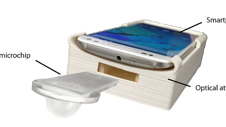 Das Fruchtbarkeits-Testsystem besteht aus einem Zubehörteil, auf dem das Smartphone befestigt wird. 