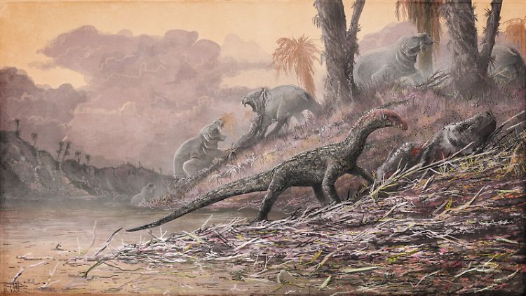 Ein Teleocrater rhadinus beim Verspeisen eines Cynognathus.