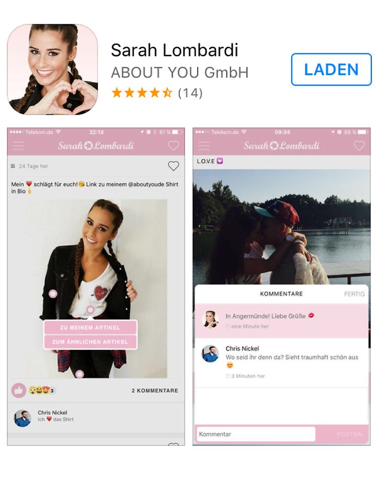 Im App Store ist Sarah Lombardi noch beim Kuscheln mit Ex Pietro Lombardi zu sehen.