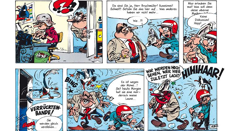 Zu den unvergesslichen Szenen von "Gaston" gehören jene mit Herrn Bruchmüller, der im Büro einen Vertrag unterschreiben will, aber nie dazu kommt. Wobei in diesem Strip Gaston gar nicht auftaucht - präsent ist er trotzdem.