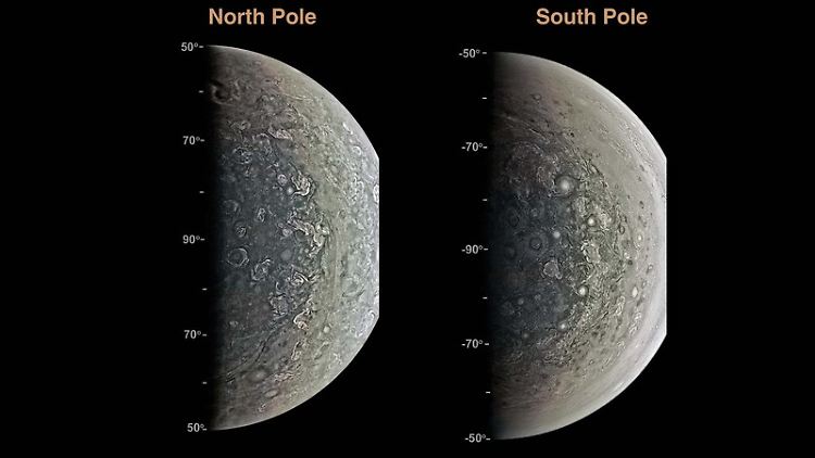 Der Nord- und der Südpol des Jupiters, aufgenommen von der Raumsonde "Juno".