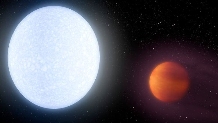 Der Stern KELT-9 und sein super-heißer Planet KELT-9b in einer grafischen Darstellung.