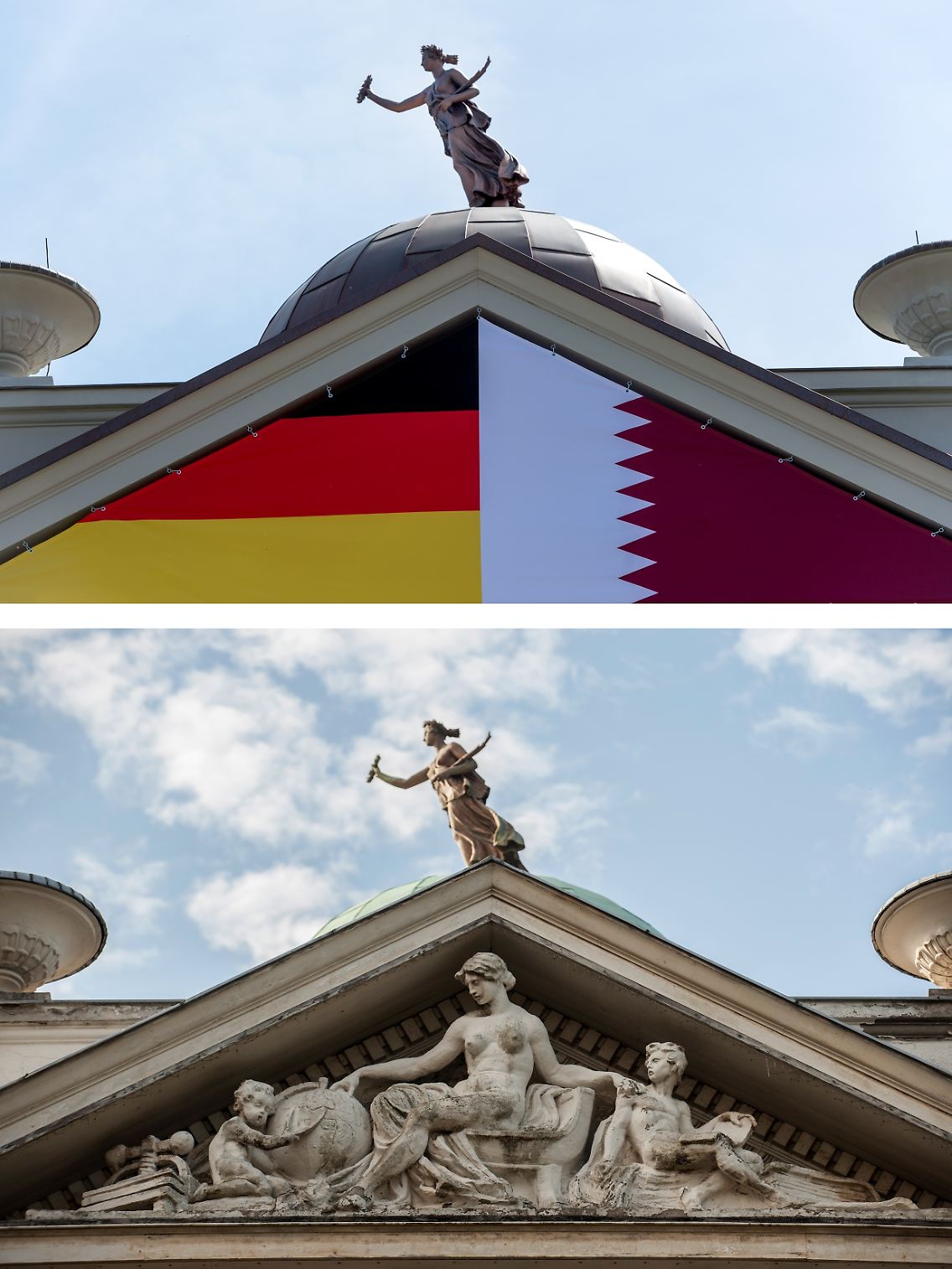 Oben mit, unten ohne: Der Giebel der katarischen Botschaft ist zurzeit von Flaggen verhüllt, unbestreitbare Folge ist, dass man die dahinter verborgenen Statuen nicht sehen kann.