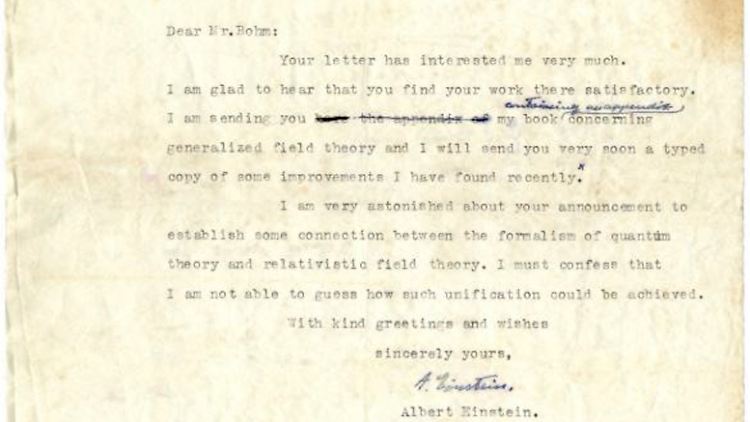 Die Briefe sind unveröffentlicht und stammen aus dem Nachlass der verstorbenen Witwe von David Bohm, der an der US-Universität von Princeton mit Einstein zusammengearbeitet hatte. 