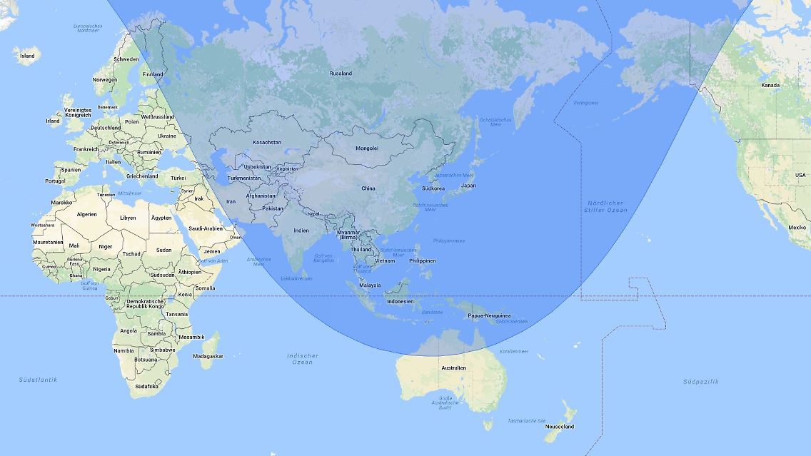Der blaue Bereich zeigt die Reichweite von 6700 Kilometern. Es gilt aber als nicht unwahrscheinlich, dass der verwendete Raketentyp noch weiter fliegen kann.