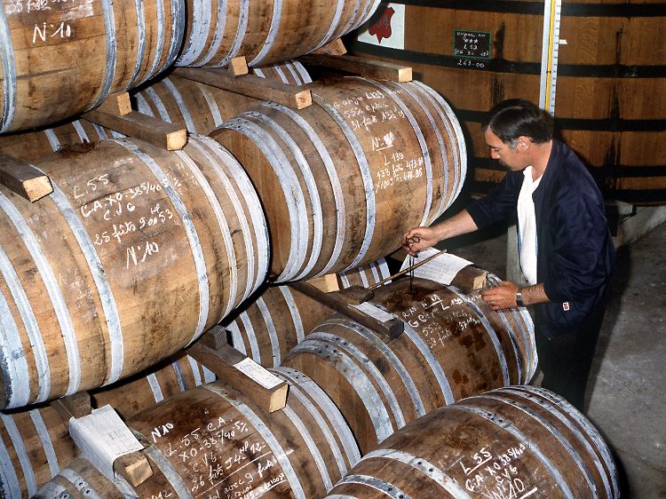 Archivbild aus Frankreich: Ein Kellermeister prüft den Reifungsprozess bei einem Cognac in einer Brennerei der Firma Courvoisier in Jarnac.