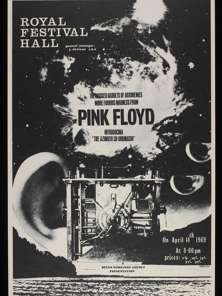 Poster für The Massed Gadgets of Auximenies (später: Auximines) mit Pink Floyd, Royal Festival Hall, London, 1969, Entwurf: Storm Thorgerson/Aubrey Powell – Hipgnosis.
