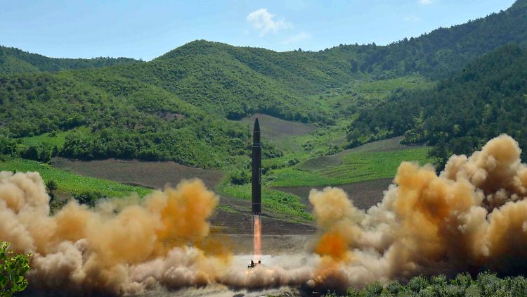 Dieses von der nordkoreanischen Regierung verbreitete Bild soll den Start einer Interkontinentalrakete am 4. Juli zeigen.