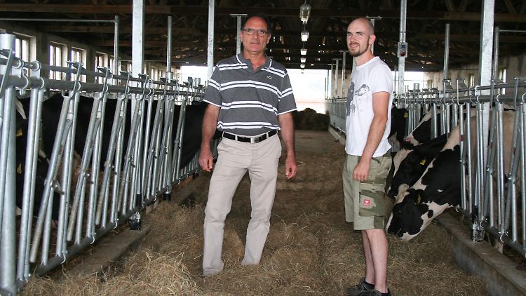 Youssef Farhat (l.), und sein Mitarbeiter Erik Zelyk stehen in dem Quarantänestall im sächsischen Weißenberg. Dort werden die deutschen Milchkühe für ihre lange Reise nach Katar fit gemacht.