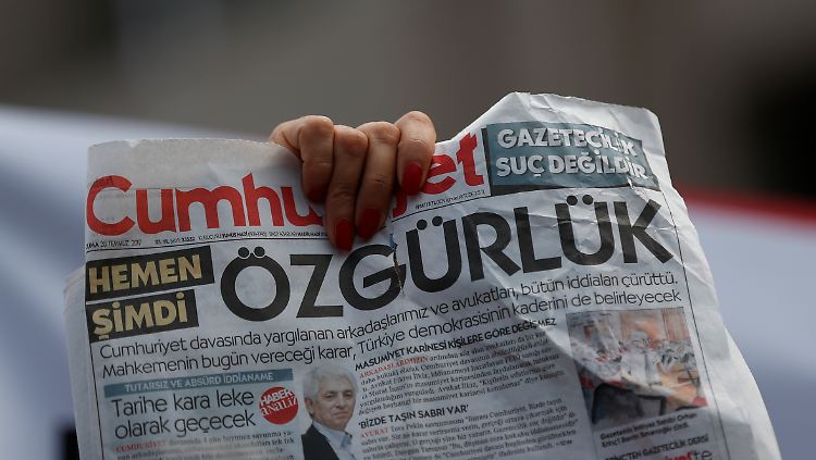 Ein Aktivist hält eine Ausgabe der "Cumhuriyet" hoch. Die Schlagzeile lautet: "Freiheit".