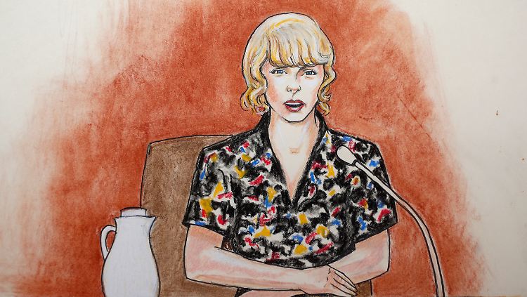 Taylor Swift bei ihrer Aussage - aus dem Blickwinkel des Gerichtszeichners.