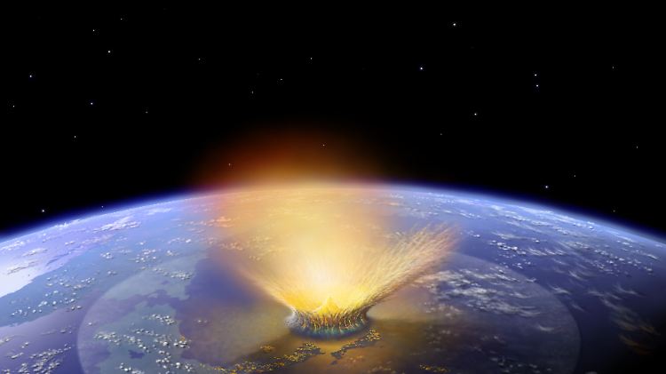 Die Grafik zeigt den Einschlag eines Asteroiden auf der Erde vor rund 66 Millionen Jahren.  