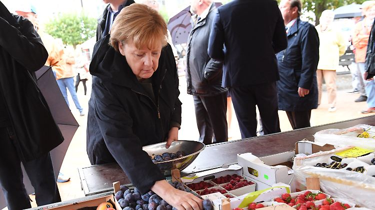 Tomaten und Pflaumen für Zuhause: Merkel kauft in Barth zunächst ein.