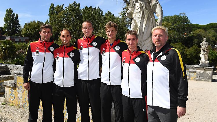 Das DTB-Team bei Davis Cup 2017: Kapitän Michael Kohlmann, Tim Putz, Jan-Lennard Struff, Yannik Hanfmann, Cedrik-Marcel Stebe und Boris Becker (v.l.n.r.).