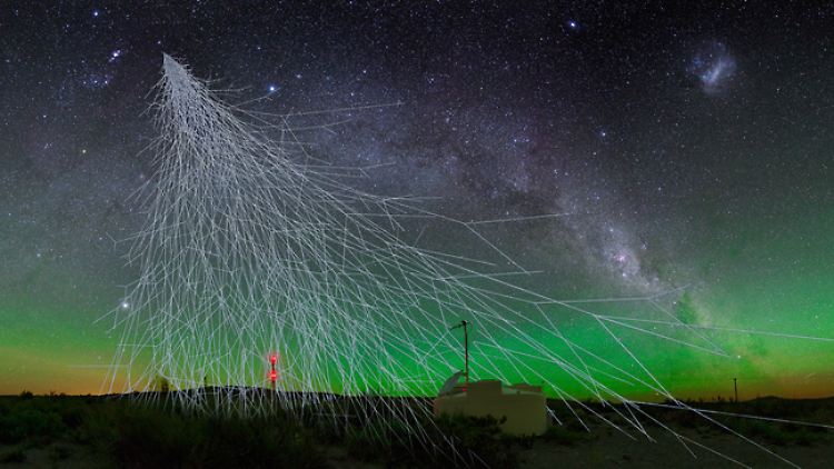 Computergrafik der Messungen der Cherenkow-Strahlen durch das Pierre-Auger-Observatorium in Argentinien.