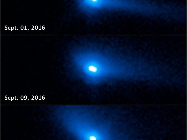 Diese Reihenaufnahmen von Hubble zeigen, dass der Doppelasteroid 288P aus zwei Teilen besteht, die umeinander kreisen und kometenähnliche Merkmale aufweisen. Dazu gehören die Koma - eine dünne Gashülle - und der Staubschweif.