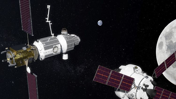 Links die Raumstation Deep Space Gateway, rechts das Orion-Raumschiff, mit dem für 2023 ein erster bemannter Mondflug geplant ist.