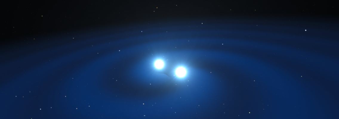 Die künstlerische Darstellung zeigt zwei Neutronensterne kurz vor ihrer Verschmelzung.