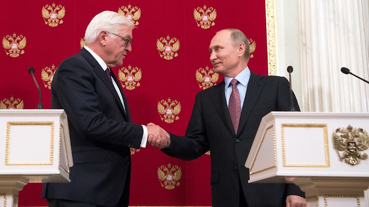 Bundespräsident Steinmeier und der russische Präsident Putin geben sich am Ende einer Pressekonferenz nach ihrem Gespräch im Kreml die Hand.
