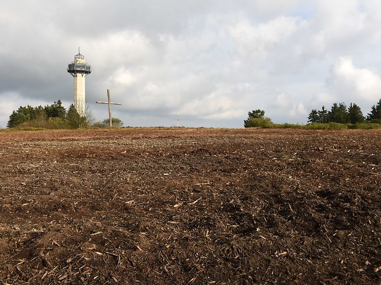 Blick über den gerodeten Bereich zum Gipfelkreuz und Hochheideturm auf dem Ettelsberg in Willingen. Hier wird die Bergstation des neuen Sessellifts entstehen.