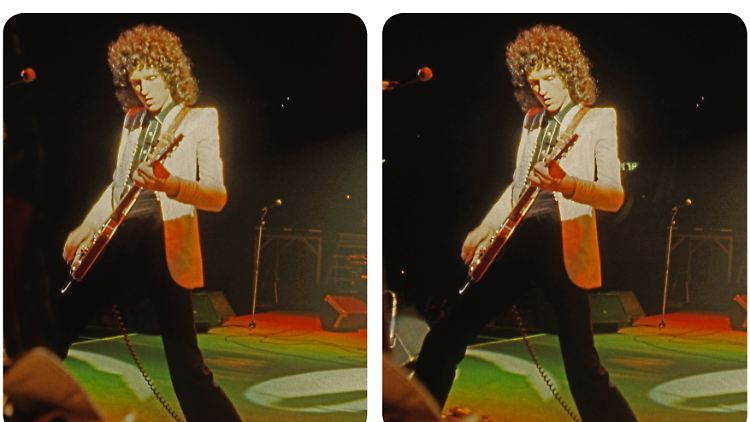 So rockte sich Brian May mit Queen durch die 70er und 80er - sind die Bilder identisch? Nicht ganz. Sie wurden von einer Kamera mit Doppelobjektiv aufgenommen, so dass die Einzelbilder minimal versetzt sind. So entsteht dann der von Dr. May propagierte 3D-Effekt.