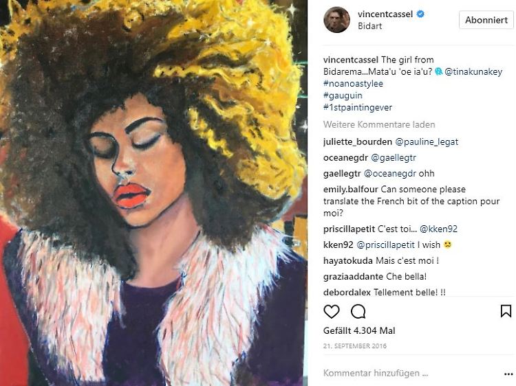 Seine 19-jährige Freundin Tina Kunakey, mit der er seit der Trennung von Monica Bellucci zusammen ist, gemalt von Vincent Cassel.