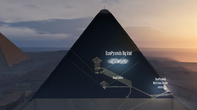Die Computergrafik zeigt einen Schnitt durch die Cheops-Pyramide mit der Darstellung eines möglichen Hohlraums in der Mitte.