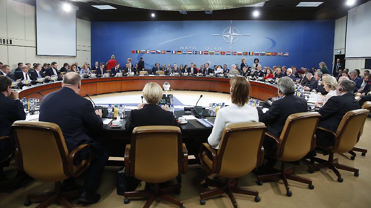 Großes Nato-Treffen in Brüssel: Im Raum sitzen neben Nato-Generalsekretär Stoltenberg Verteidigungsminister aus 29 Bündnis-Staaten.