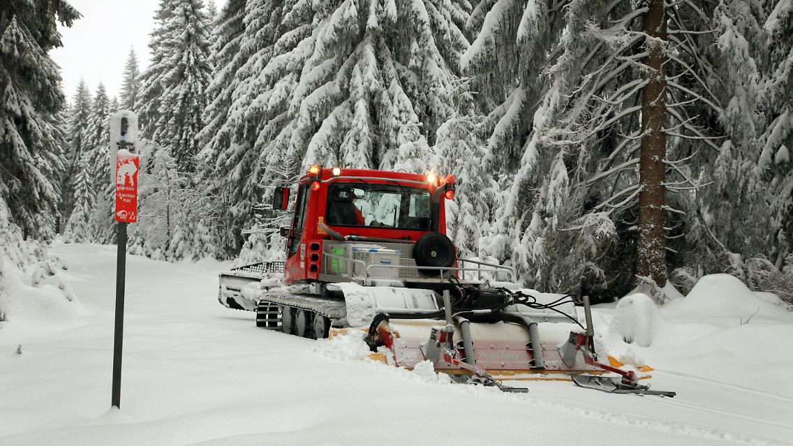 Ein Pistenbully spurt im Oberharz bei Torfhaus eine Langlaufloipe.