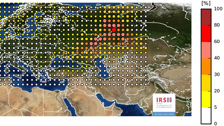 Die Karte des INRS zeigt die Verteilung der Ruthenium-106-Messwerte über Europa.