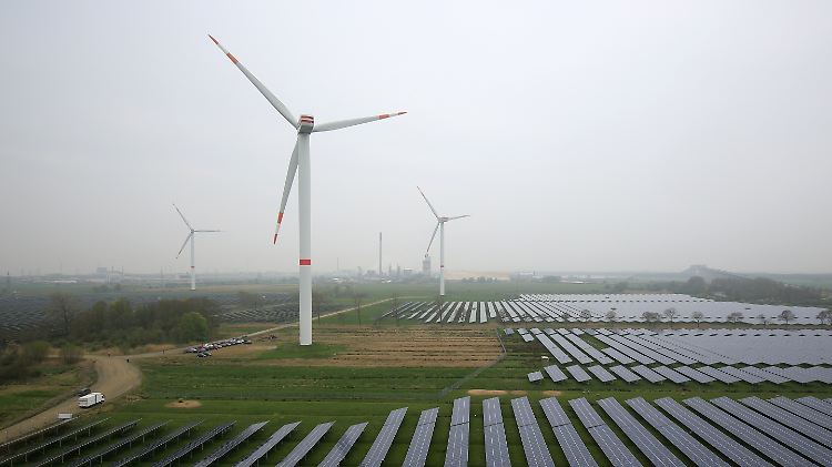 Eine Solaranlage und Windräder in Büttel (Schleswig-Holstein).