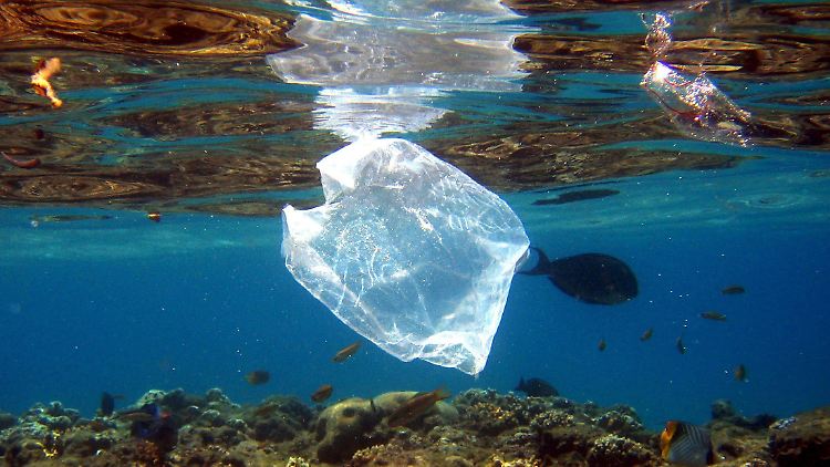 Massenhaft Plastiktüten schwimmen im Meer.