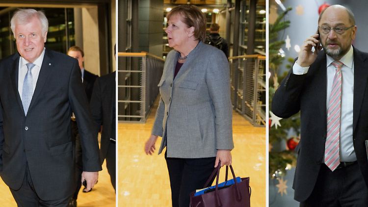 CSU-Chef Horst Seehofer, Kanzlerin und CDU-Chefin Angela Merkel und SPD-Vorsitzender Martin Schulz treffen beim Spitzentreffen ein.