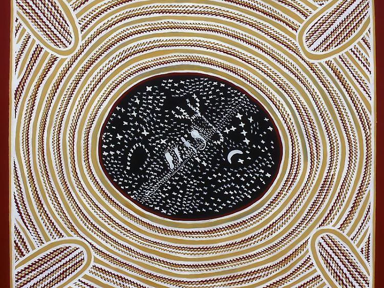 Sternenkarte von Senior Wardaman Elder Bill Yidumduma Harney, der unter australischen Aborigines aufwuchs, mit Milchstraße, Mond und Geistern der Vorfahren.