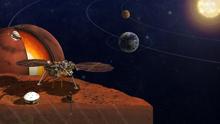 Die Illustration der Nasa zeigt, wie eine Landung von "InSight" auf dem Mars aussehen könnte.