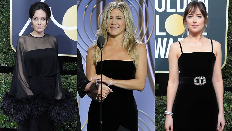 Ungewollt ein besonderes Dreigespann bei den Golden Globes: Angelina Jolie, Jennifer Aniston, Dakota Johnson (v.l.n.r.).