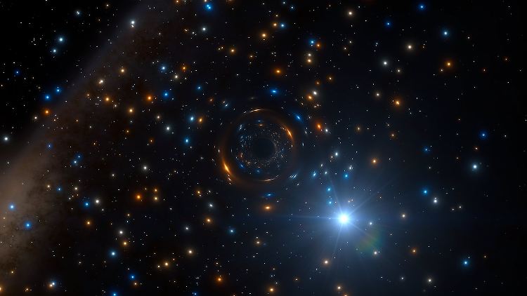 Der sich merkwürdig verhaltende Stern und das benachbarte Schwarze Loch in einer Computergrafik.