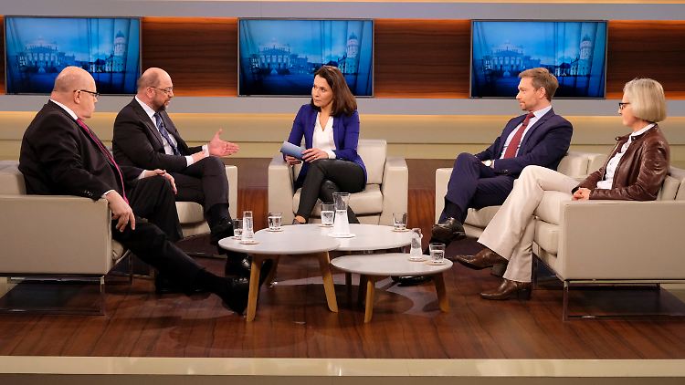 Wills Gäste, von links nach rechts: Peter Altmaier, Martin Schulz, Christian Lindner und Christiane Hoffmann
