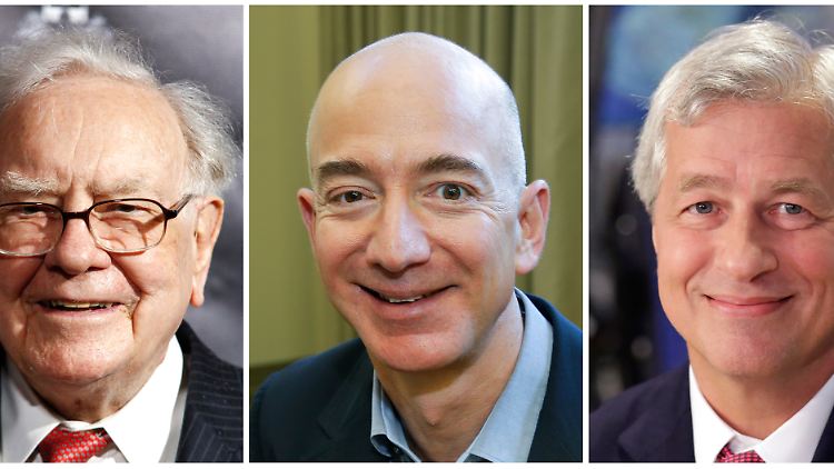 Die drei treibenden Figuren hinter der Zusammenarbeit: Investment-Legende Warren Buffett (V.L.), Amazon-Chef Jeff Bezos und JPMorgan-Chef Jamie Dimon.