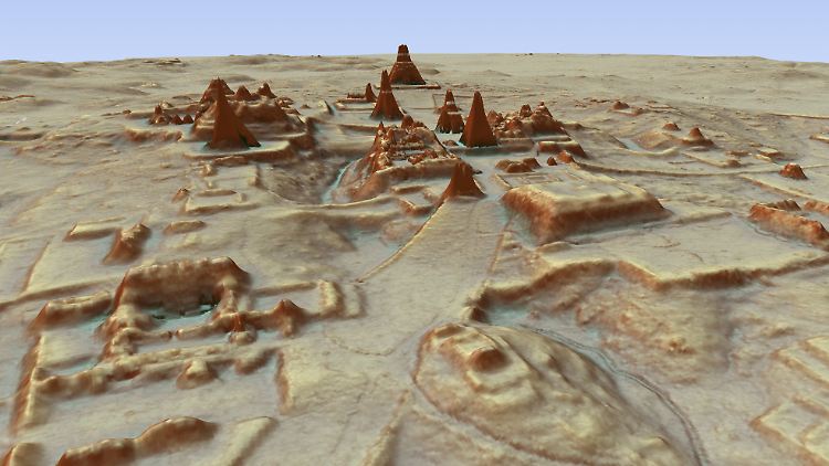 Dieses 3D-Bild zeigt eine Darstellung der Ausgrabungsstätte einer Maya-Stadt.