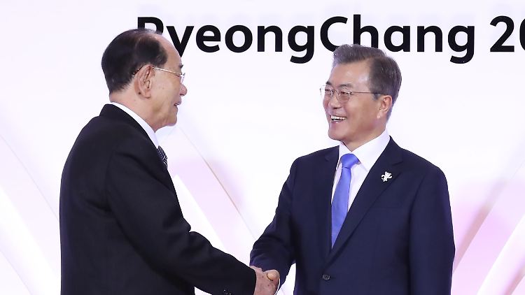 Die Staatsoberhäupter der beiden Koreas begrüßen sich: Moon Jae In (r.) und Kim Yong Nam.