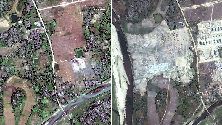 Ein Rohingya-Dorf im Bundesstaat Rakhine vor dem 25. August, rechts eine aktuelle Satellitenaufnahme.