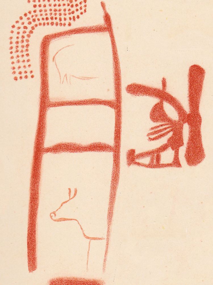 Eine Zeichnung in einer Höhle. Das rote Symbol (Leiter) hat ein Mindestalter von 64.000 Jahren. Es ist unklar, ob die Tiere und die anderen Symbole später gemalt wurden.