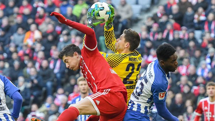 Vergebliche Mühe: Münchens Robert Lewandowski im Dreikampf mit Herthas Torhüter Rune Jarstein und Jordan Torunarigha.