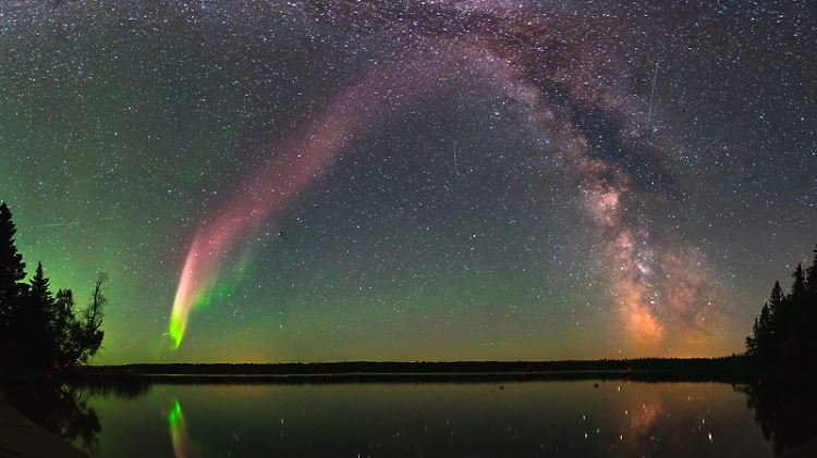 "Steve" und die Milchstraße über dem Childs Lake, Manitoba, Kanada.