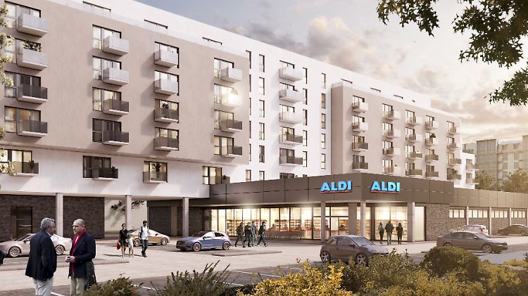 So stellen sich Aldi und andere Supermarktketten die Zukunft vor: Kleinere, mehrgeschössige Fillialen mit angeschlossenen Wohnungen.