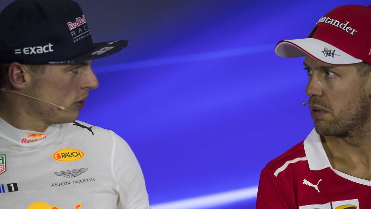 Fragende Blicke nach dem Crash in Shanghai zwischen Max Verstappen und Sebastian Vettel (r.).