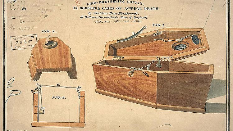 Lebenserhaltender Sarg für zweifelhafte Todesfälle, 1843.
